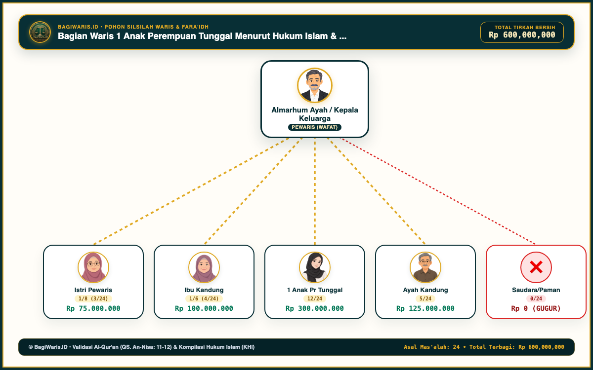 Diagram Pohon Silsilah Waris Bagian Waris 1 Anak Perempuan Tunggal Menurut Hukum Islam & Kompilasi Hukum Islam (KHI)